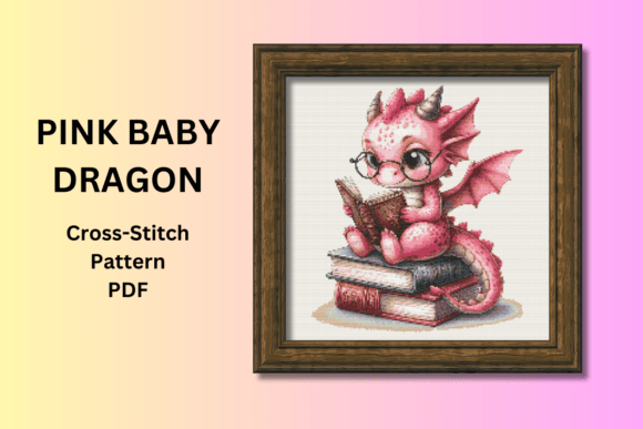 Pink Baby Dragon, Reading Cross Stitch