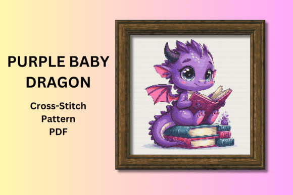 Purple Baby Dragon Reading Cross Stitch