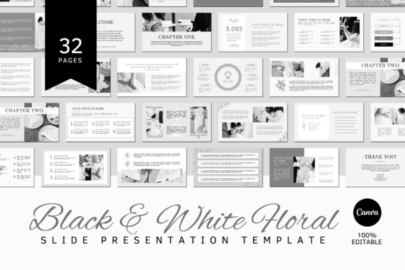 Black and white floral Canva slide template with 32 layouts
