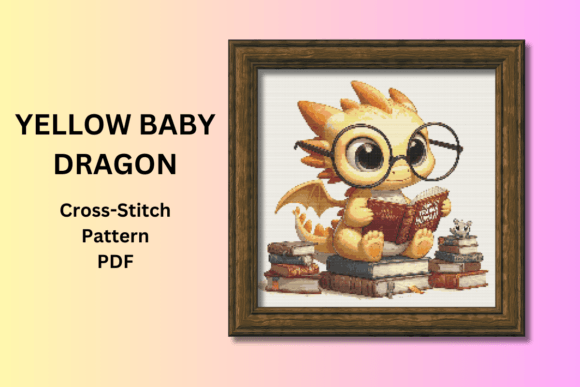 Yellow Baby Dragon Reading Cross Stitch