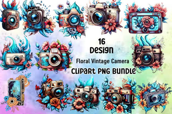 Floral Vintage Camera Clipart PNG Bundle