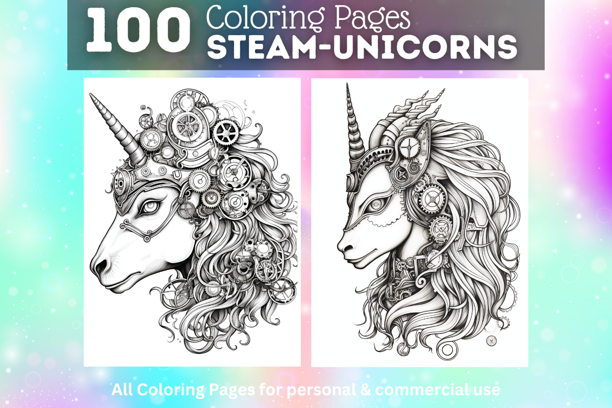 100 Steampunk Unicorn Coloring Pages Graphic by DigitalsHandmade ...