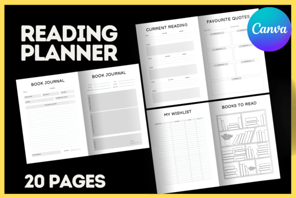 Editable reading planner Canva templates with 20 pages