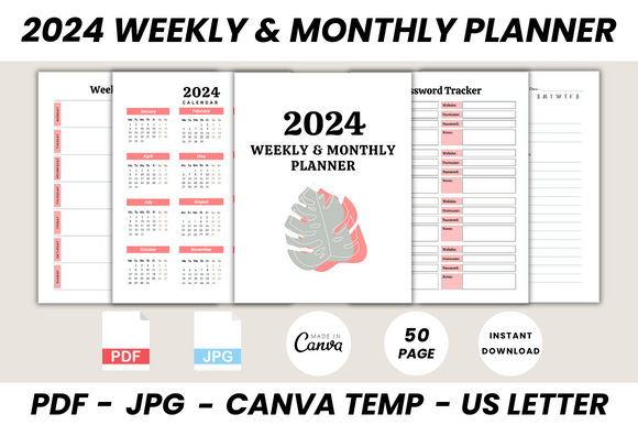 2024 Weekly & Monthly Planner Canva Temp