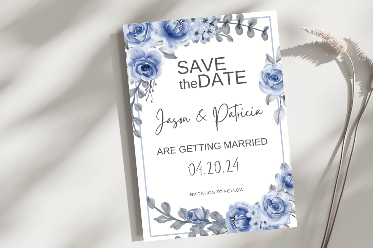 Blue Floral Save the Date Announcement