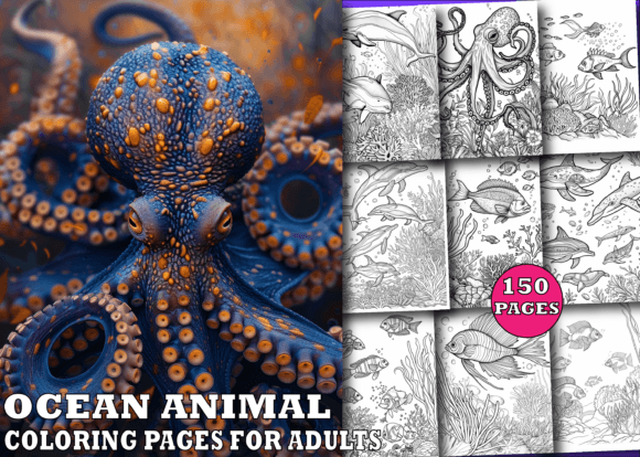 Preview of Ocean Animal Coloring Book for Adults coloring pages for adults
