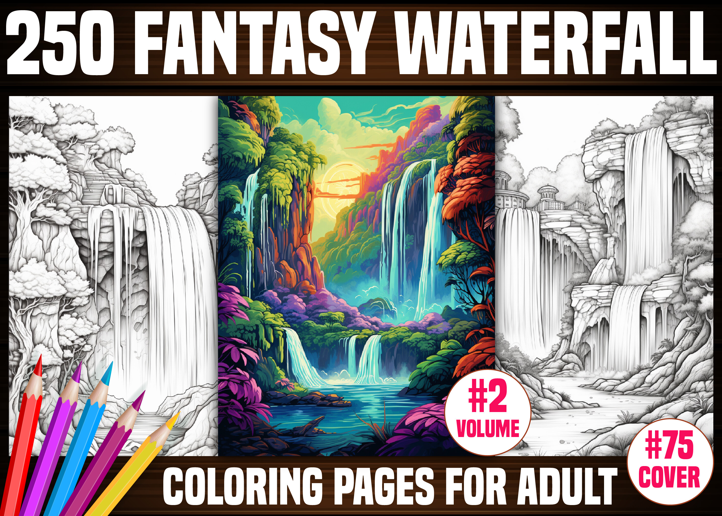 250 Fantasy Waterfall Coloring Pages KDP Graphic by E A G L E ...