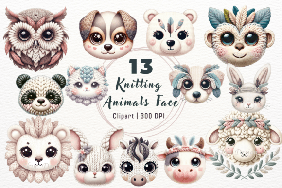 Watercolor Knitting Animals Face Clipart