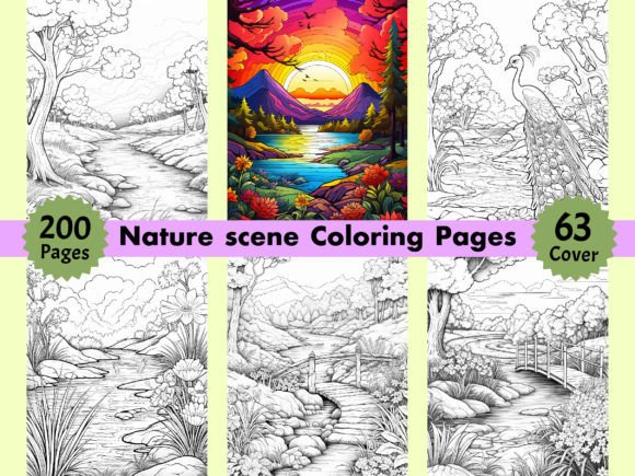 200 Nature Scenes Coloring Pages for Kdp