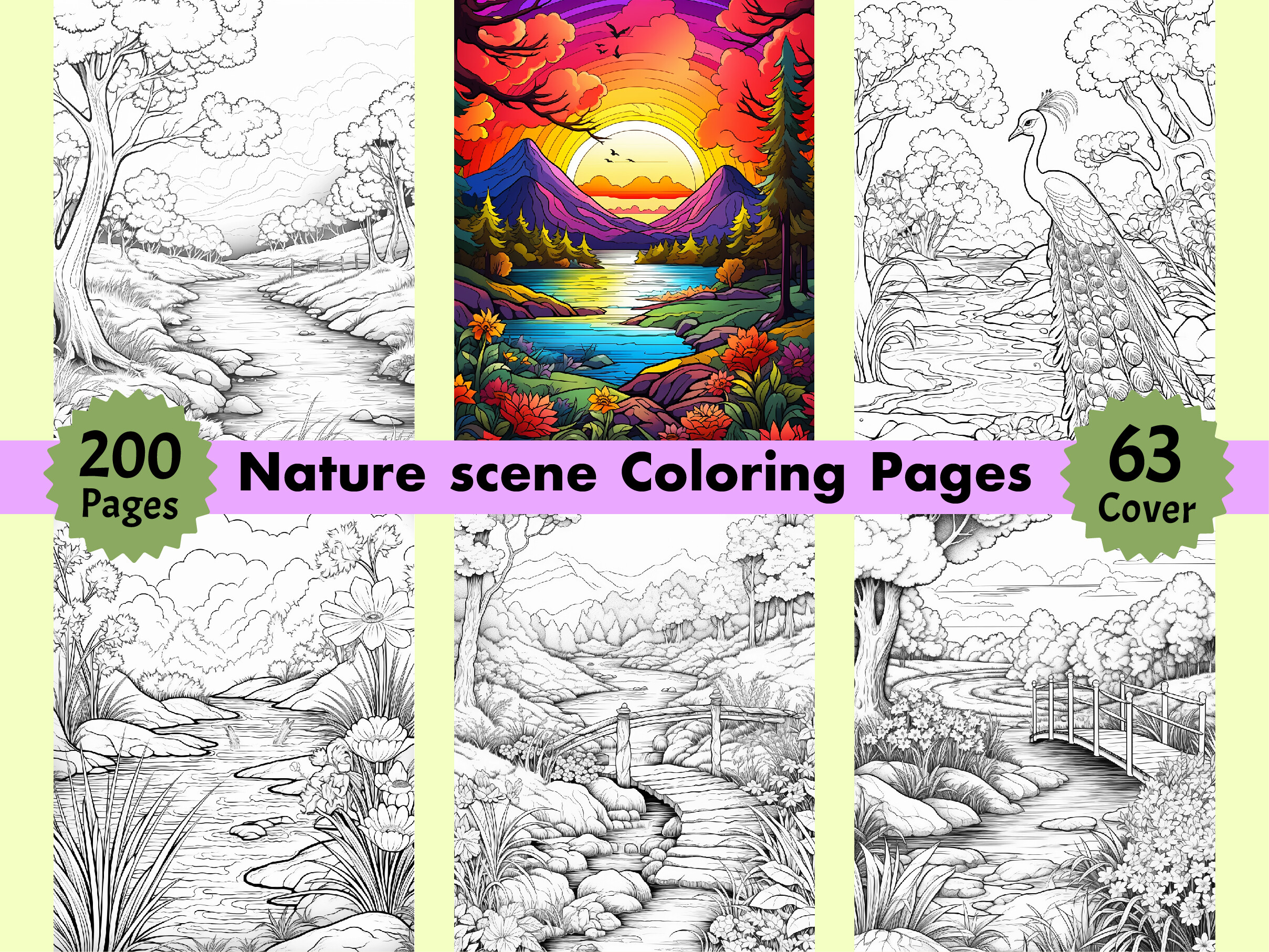 200 Nature Scenes Coloring Pages for Kdp