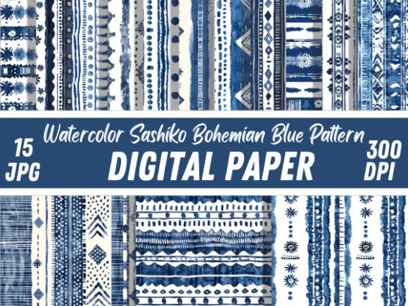Watercolor Sashiko Bohemian Blue Pattern