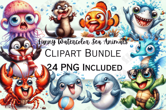 Cute Funny Watercolor Sea Animal Clipart Graphic Illustrations By HBM Clipart