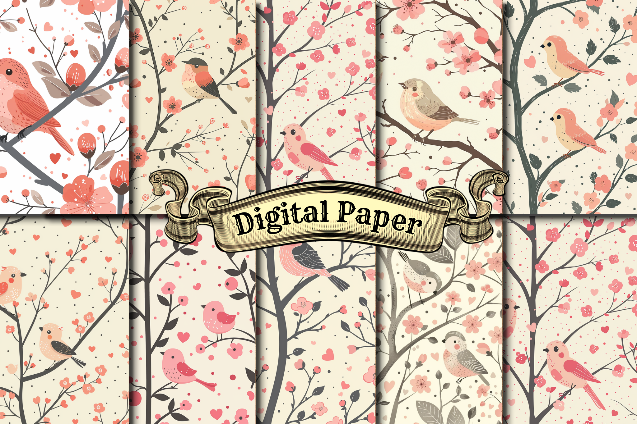 Watercolor Floral Birds Digital Paper Graphic by craftsmaker · Creative ...