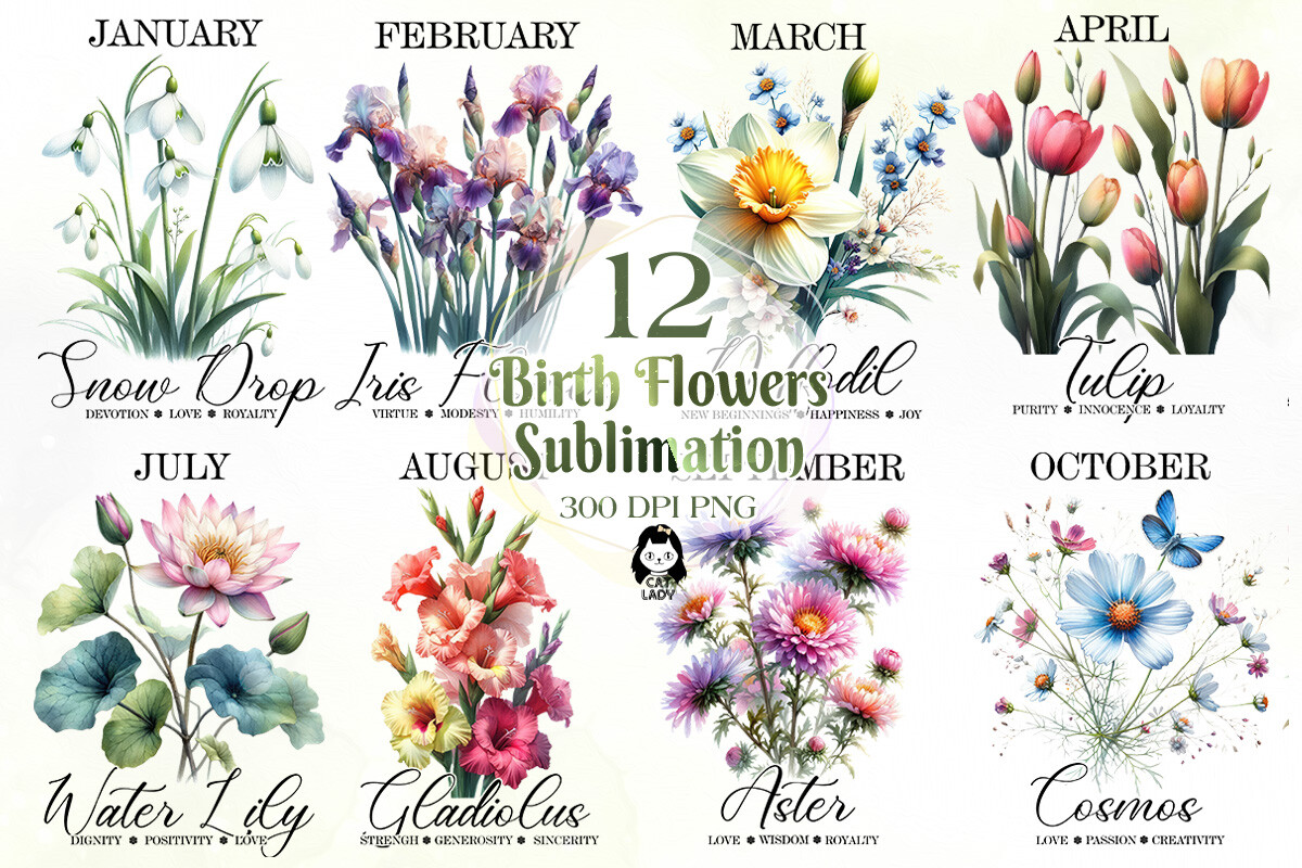 Birth Flowers Sublimation Clipart Bundle