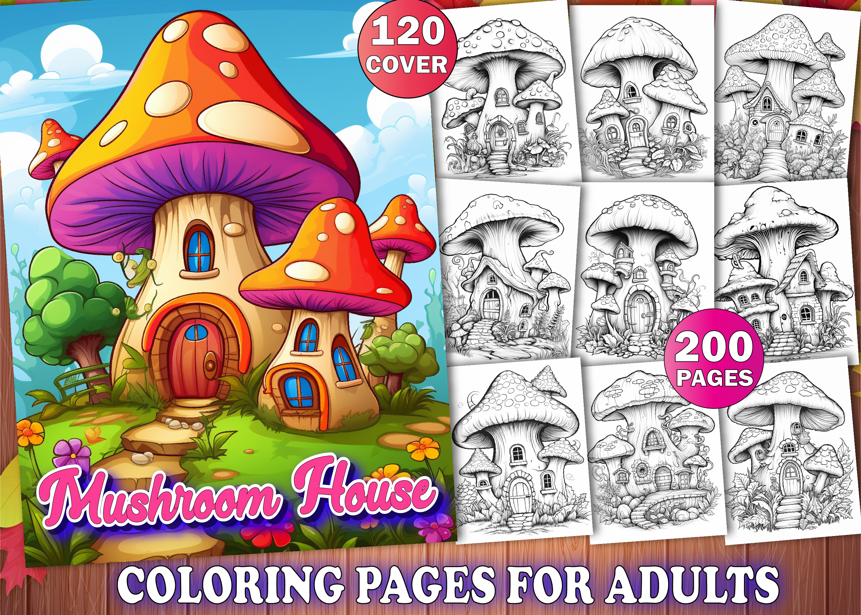 200 Mushroom House Adult Coloring Pages Graphic by PLAY ZONE · Creative ...