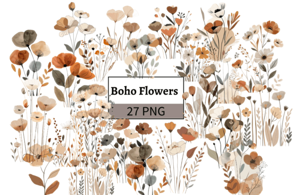 Watercolor Boho Wild Flowers Clipart Set