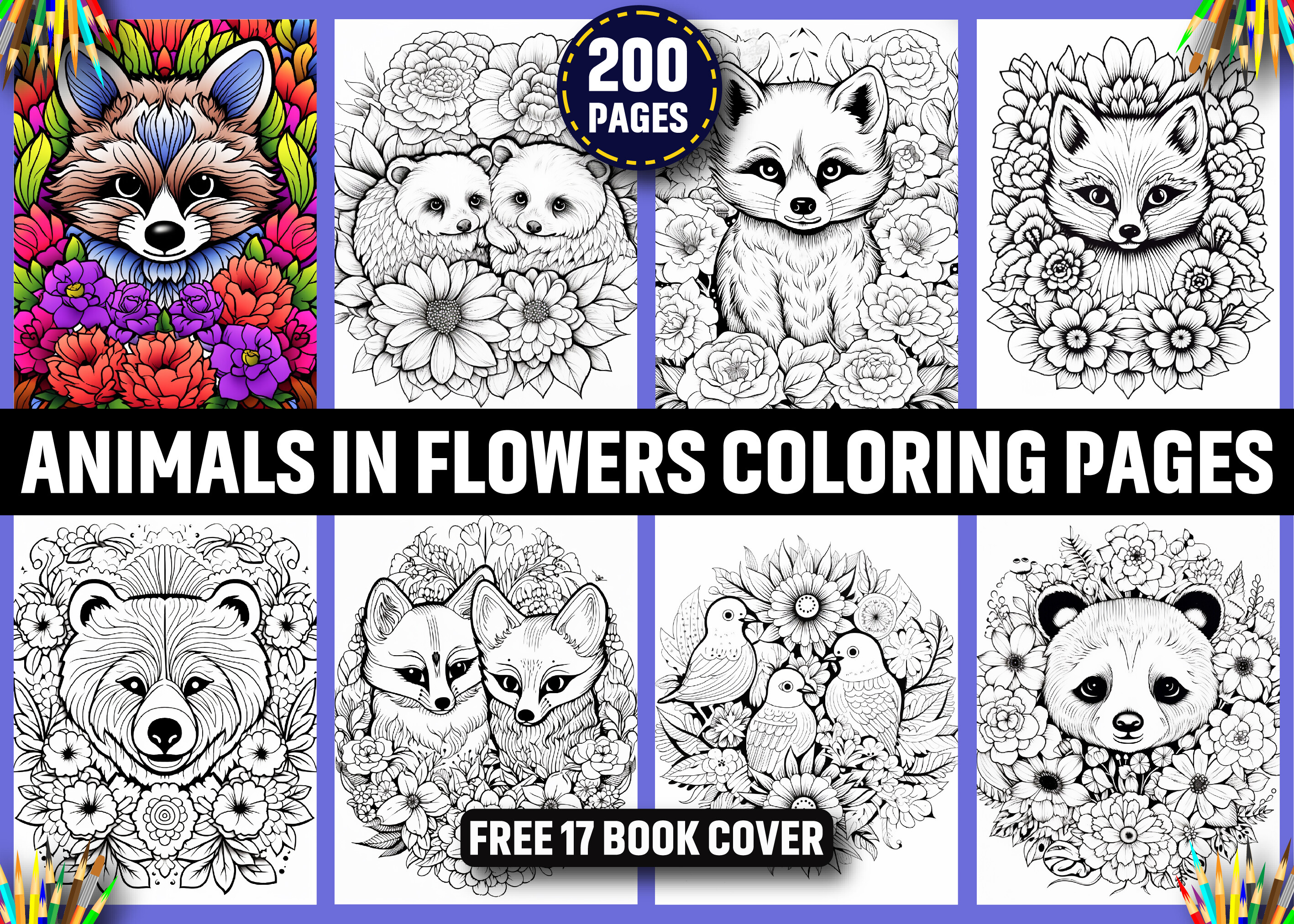 200 Animals in Flowers Coloring Pages