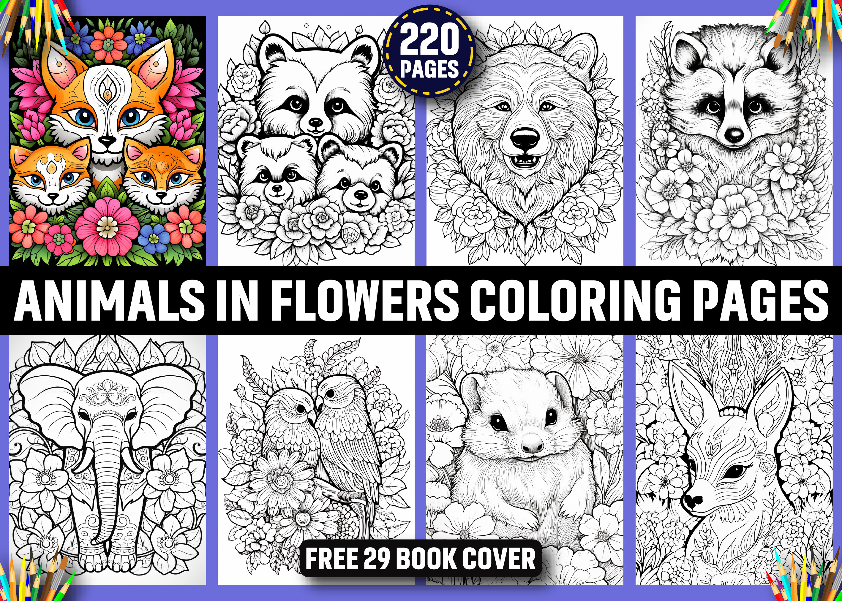 220 Animals in Flowers Coloring Pages