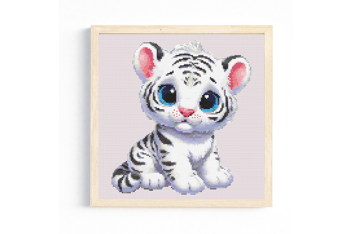 Cute Sitting White Tiger Cross Stitch