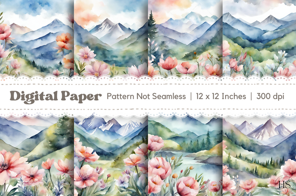Watercolor Floral Mountain Digital Paper Graphic by Heyv Studio ...