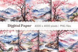 Watercolor Sakura Mountain Digital Paper Graphic by Heyv Studio ...
