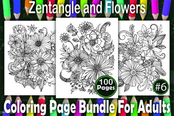 100 Zentangle and Flowers Coloring Pages