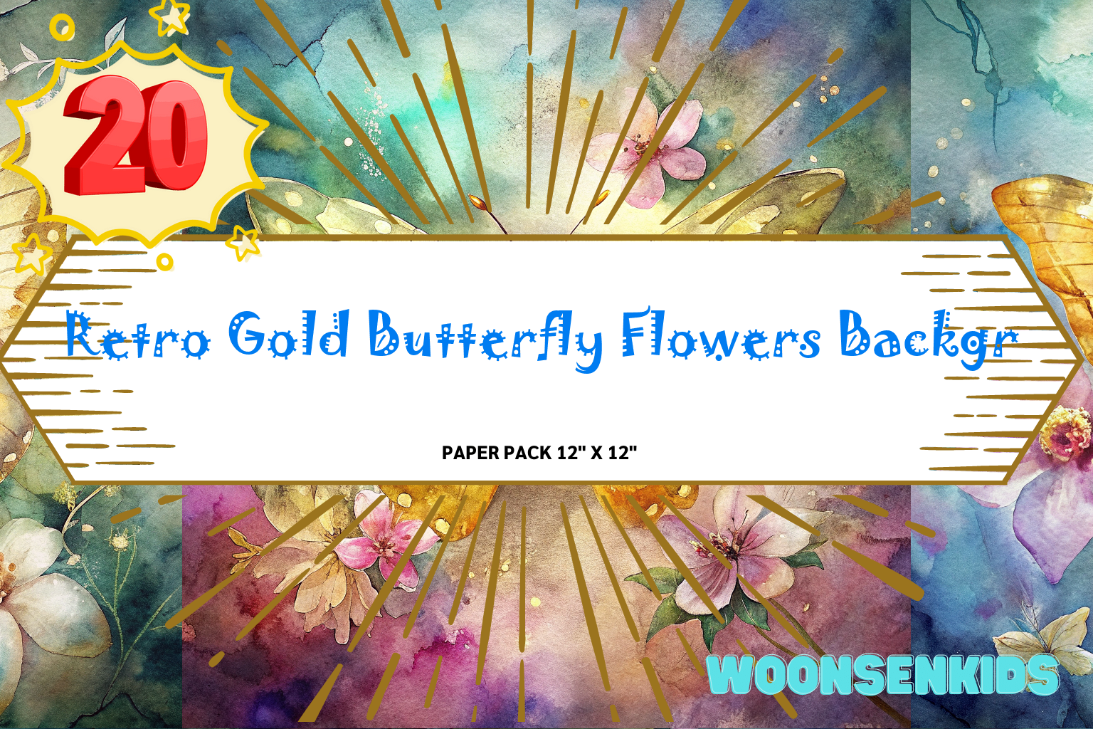 20 Retro Gold Butterfly Flowers Background Watercolor Png Kdp Digital ...