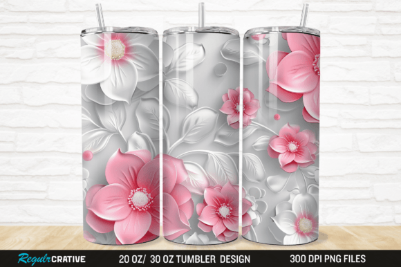 3D White Pink Floral 20/30 Tumbler Wrap Grafika Owijki na kubek Przez Regulrcrative