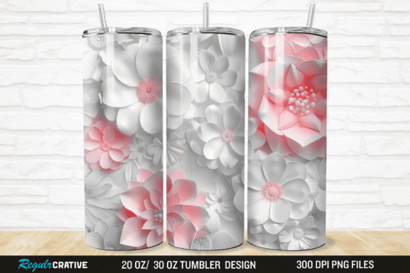 3D White Pink Floral 20/30 Tumbler Wrap Grafika Owijki na kubek Przez Regulrcrative