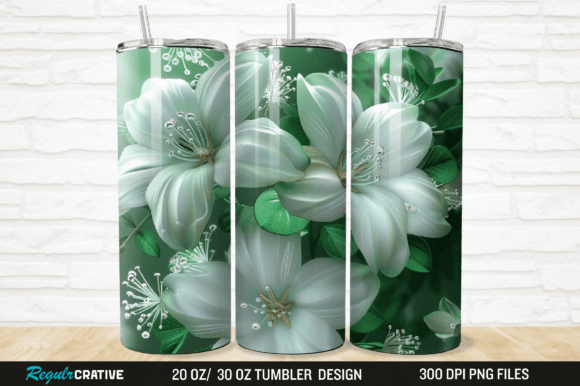 3D White and Green Flowers Tumbler Wrap Grafika Owijki na kubek Przez Regulrcrative