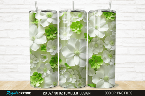 3D White and Green Flowers Tumbler Wrap Grafika Owijki na kubek Przez Regulrcrative