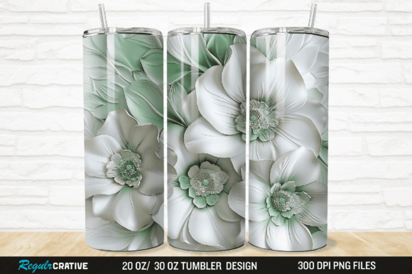 3D White and Green Flowers Tumbler Wrap Grafika Owijki na kubek Przez Regulrcrative