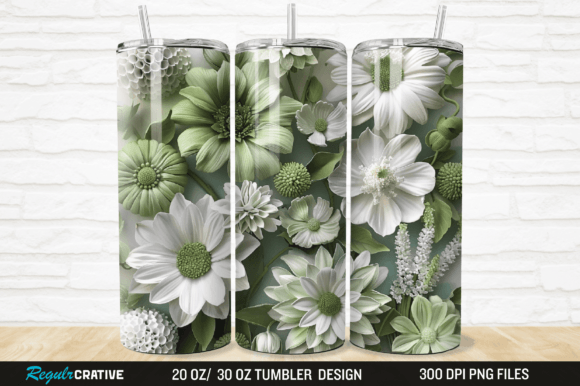 3D White and Green Flowers Tumbler Wrap Grafika Owijki na kubek Przez Regulrcrative