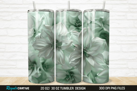 3D White and Green Flowers Tumbler Wrap Grafika Owijki na kubek Przez Regulrcrative