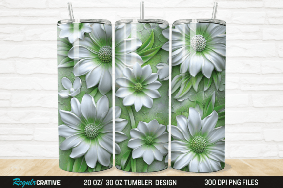 3D White and Green Flowers Tumbler Wrap Grafika Owijki na kubek Przez Regulrcrative