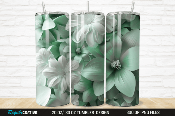 3D White and Green Flowers Tumbler Wrap Grafika Owijki na kubek Przez Regulrcrative