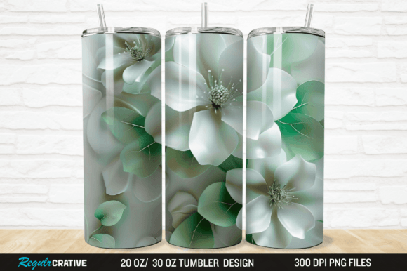 3D White and Green Flowers Tumbler Wrap Grafika Owijki na kubek Przez Regulrcrative