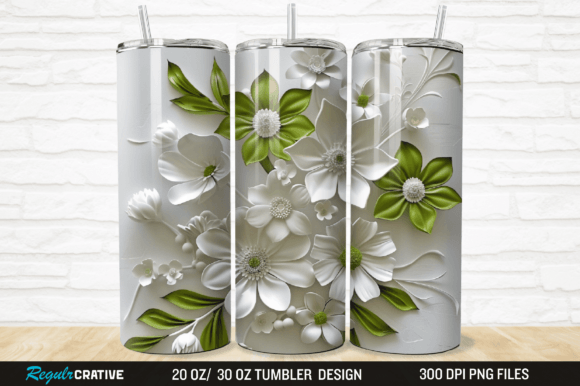3D White and Green Flowers Tumbler Wrap Grafika Owijki na kubek Przez Regulrcrative