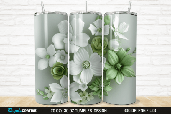 3D White and Green Flowers Tumbler Wrap Grafika Owijki na kubek Przez Regulrcrative