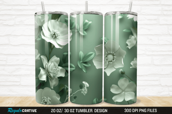 3D White and Green Flowers Tumbler Wrap Grafika Owijki na kubek Przez Regulrcrative