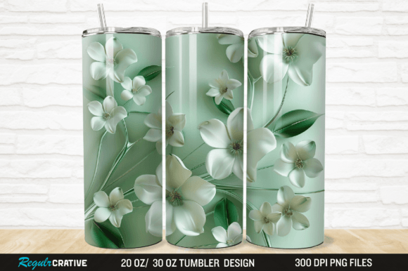 3D White and Green Flowers Tumbler Wrap Grafika Owijki na kubek Przez Regulrcrative