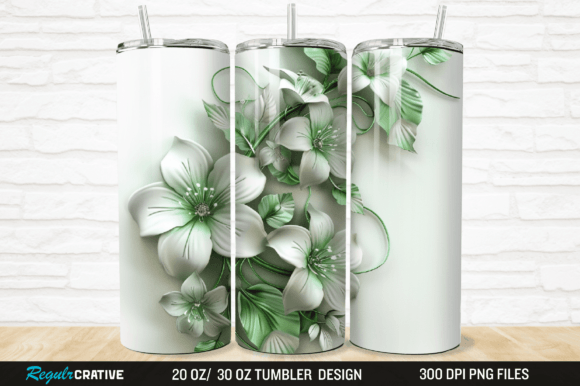 3D White and Green Flowers Tumbler Wrap Grafika Owijki na kubek Przez Regulrcrative