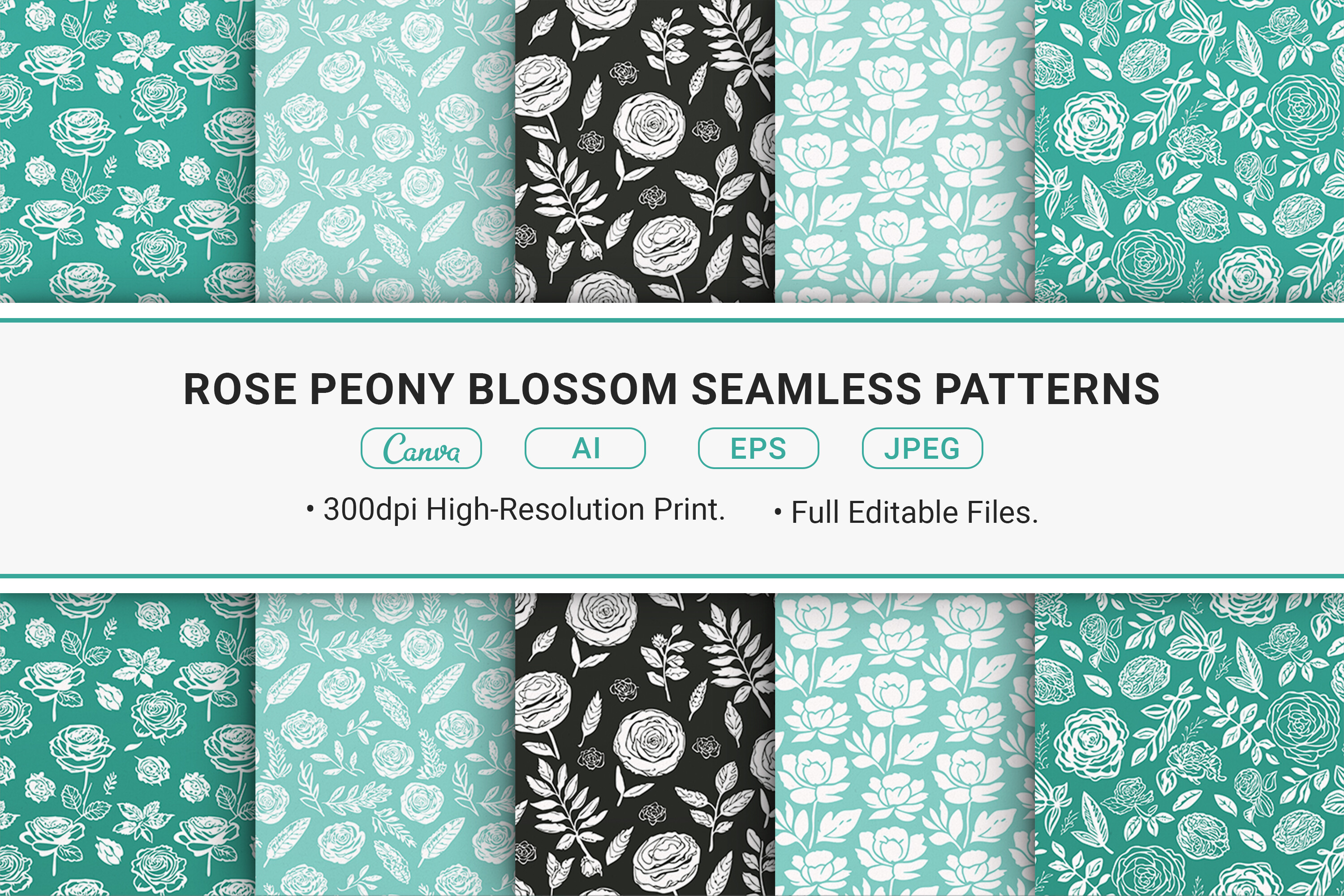 Rose Peony Blossom Seamless Patterns Graphic by JUNDI · Creative Fabrica