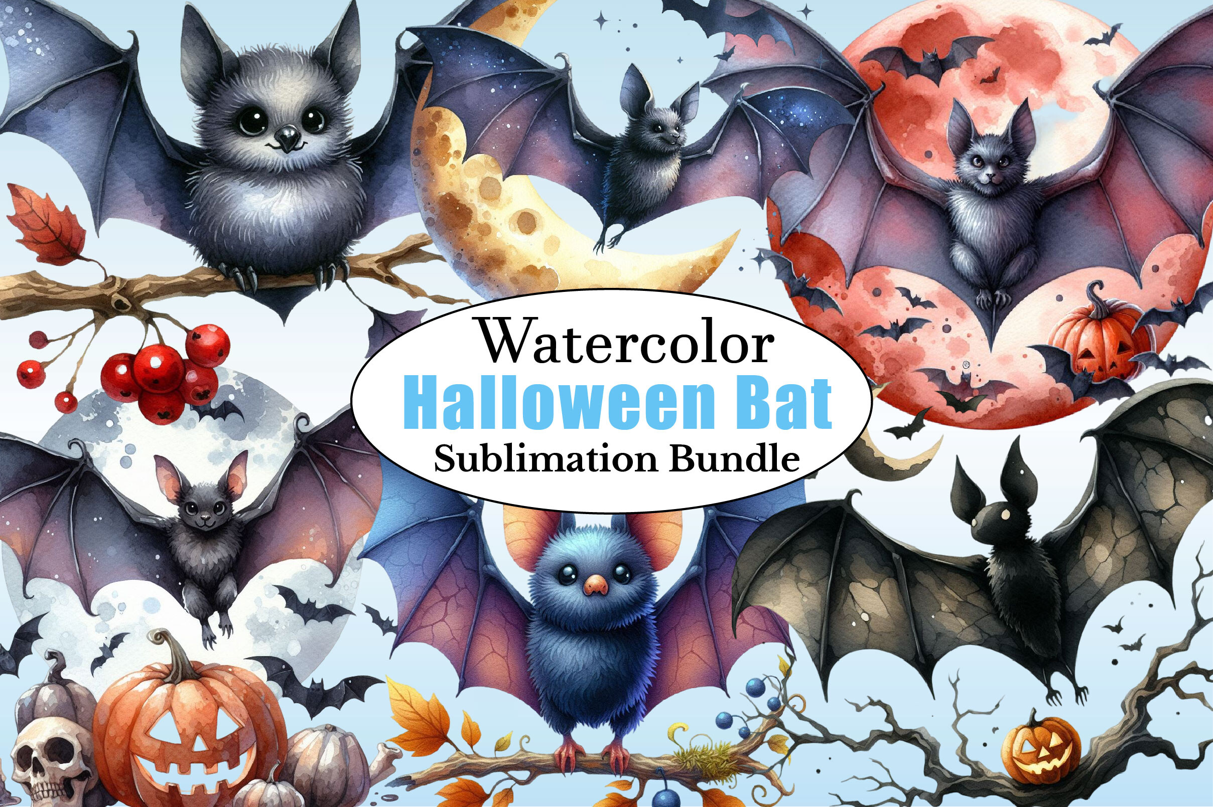 Watercolor Halloween Bat Clipart Bundle Graphic by CitraGraphics ...