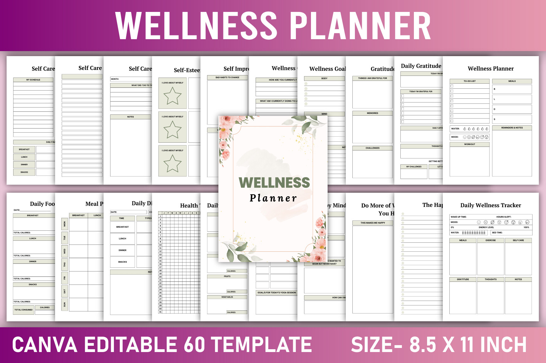 Editable Wellness Planner Canva Template