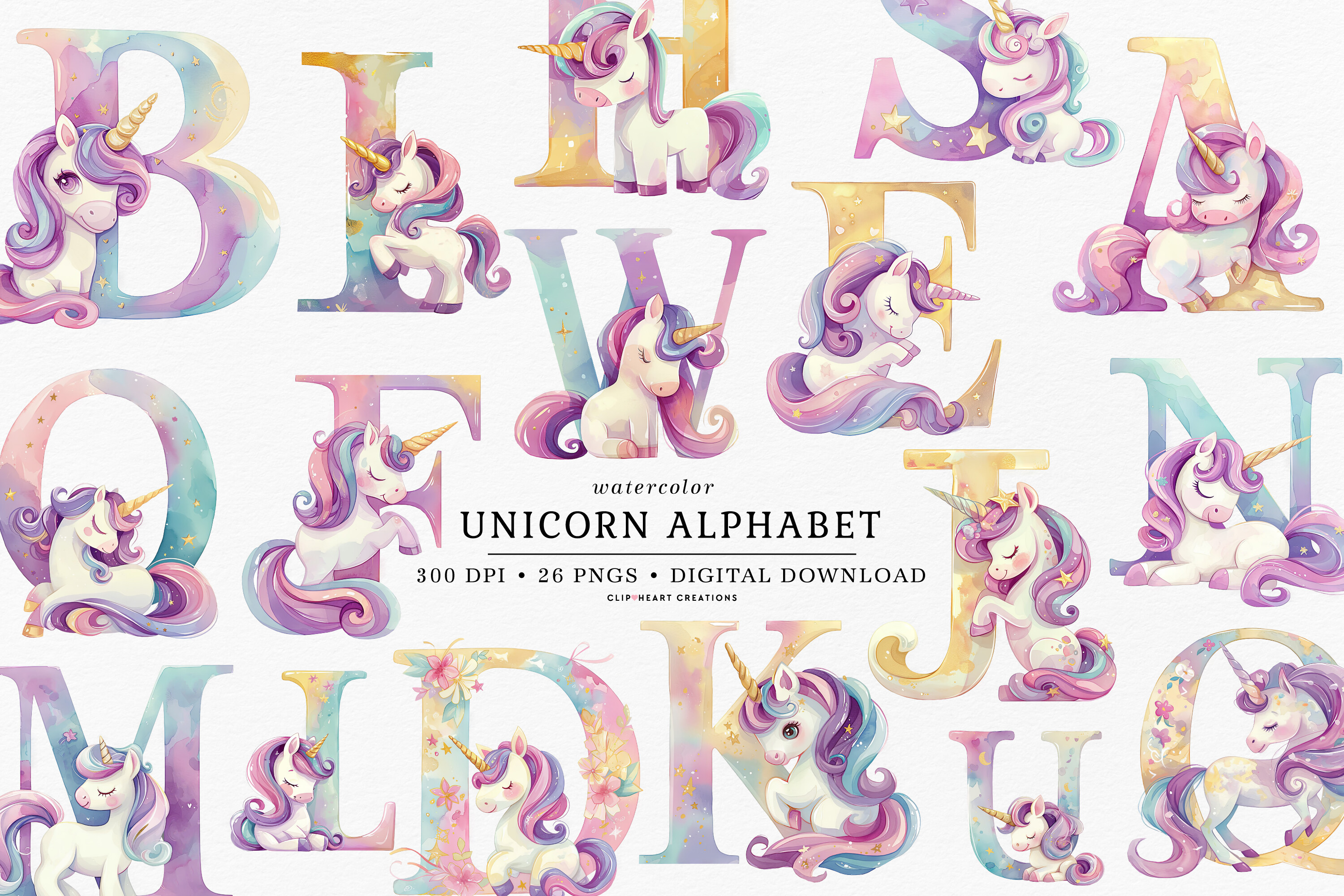 Watercolor Unicorn Alphabet Clipart Graphic by clipheartcreations ...
