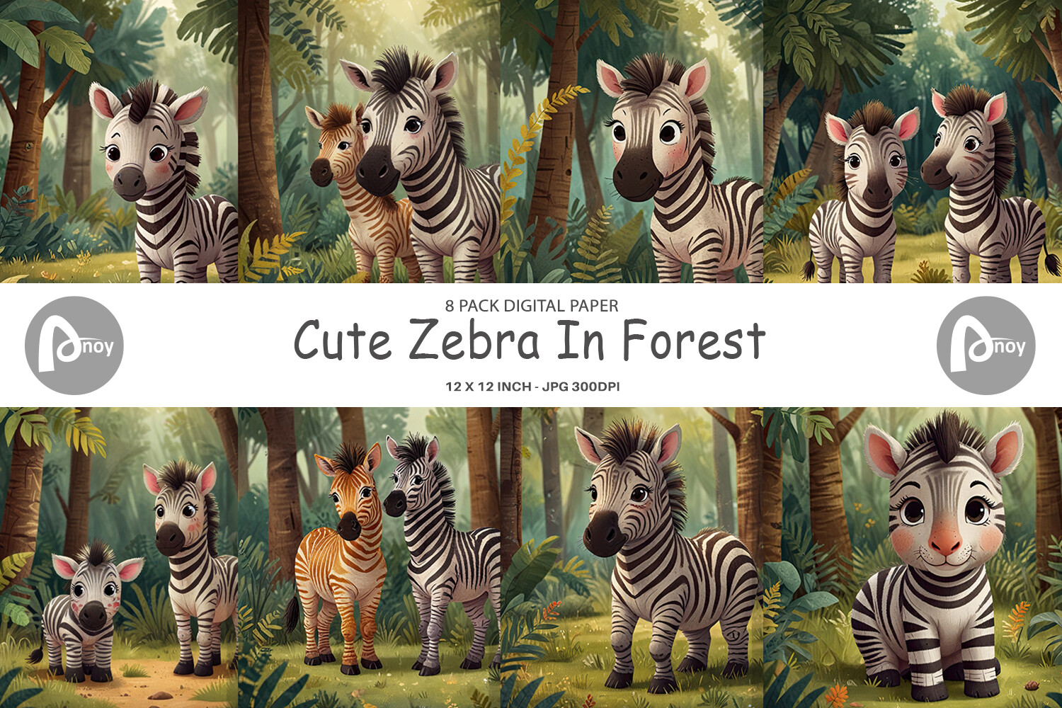 Digital Paper Cartoon Zebra in Forest Graphic by Artnoy · Creative Fabrica