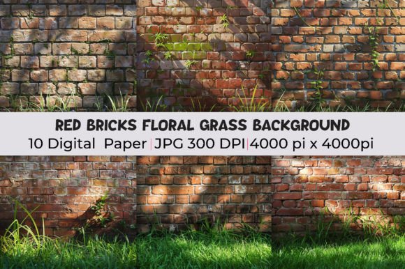 Red Bricks Floral Grass Background