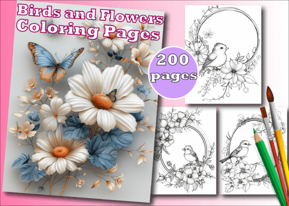 Birds and Flowers Adult Coloring Pages