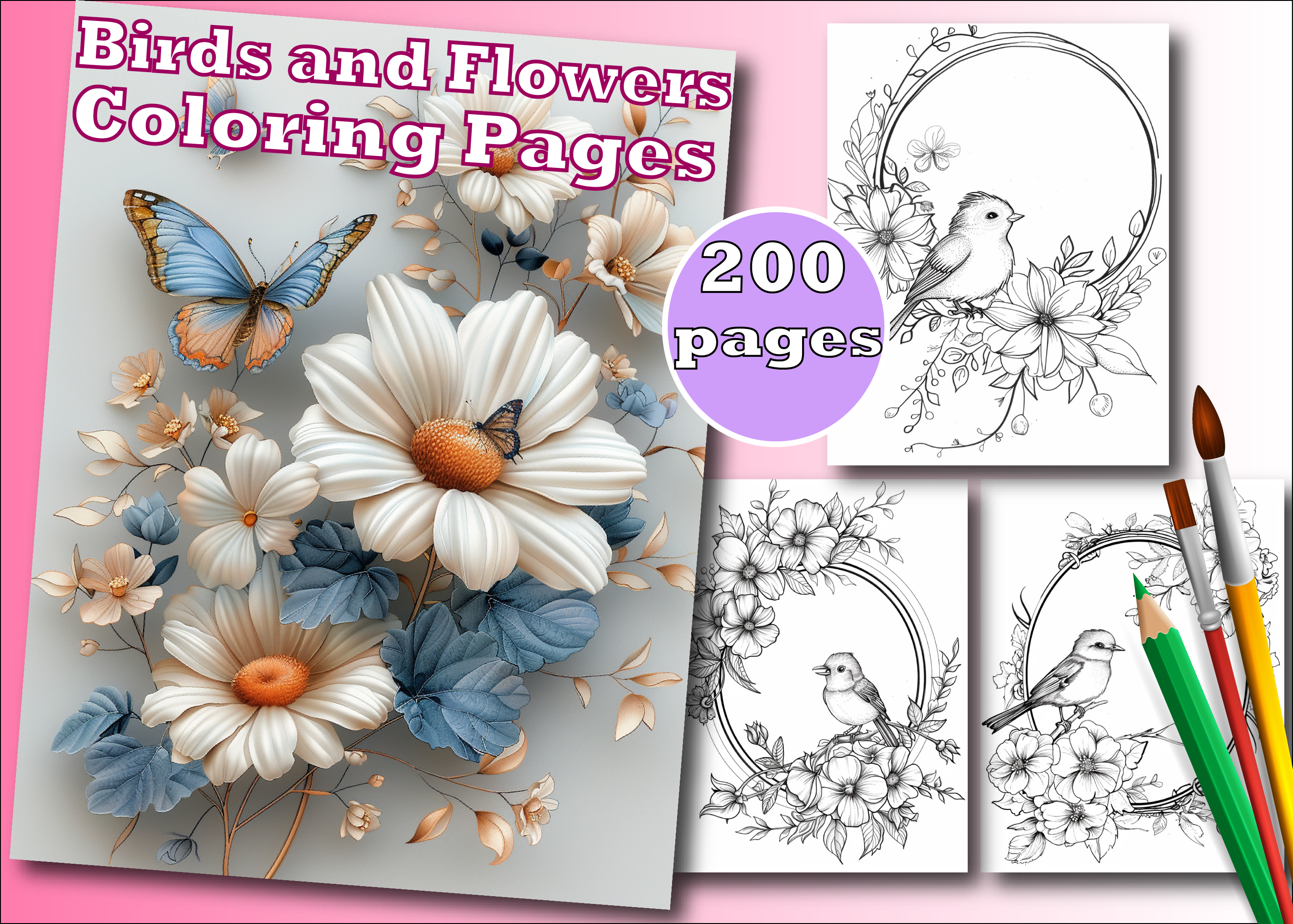 Birds and Flowers Adult Coloring Pages